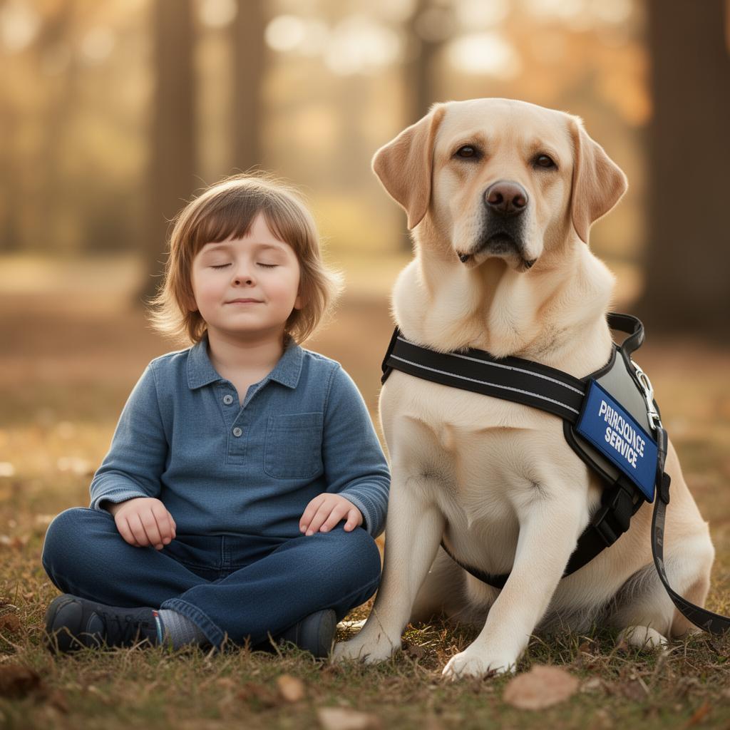 A child sitting calmly beside a trained Labrador service dog in a service vest